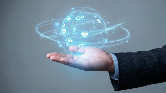 Male hand holding a holographic globe with medical icons. Global healthcare network representing health insurance and digital technology innovation