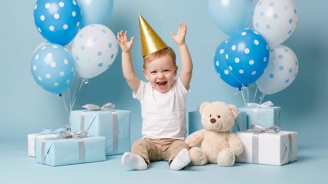 Happy toddler boy celebrating his first birthday with arms raised in excitement. Cute caucasian child sitting among blue balloons, presents and a teddy bear