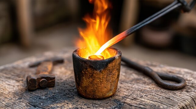 Molten Metal Pouring from Crucible with Flames and Tools in Blacksmith Workshop Setting, Hot Forging Process in Artisan Craft Environment