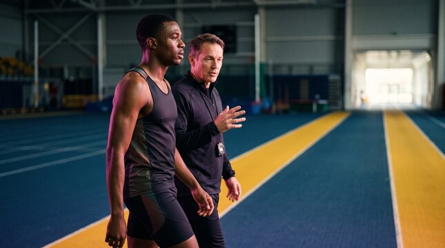 Coach gives feedback after an indoor curve sprint