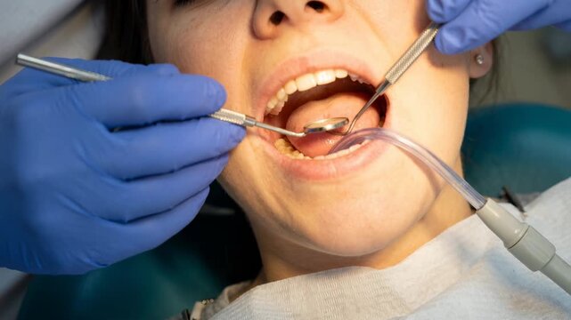 Dentist hands in blue gloves examining a female patient's mouth with a mirror and probe. Sequence of a professional oral checkup in a dental clinic. Stomatology and healthcare banner