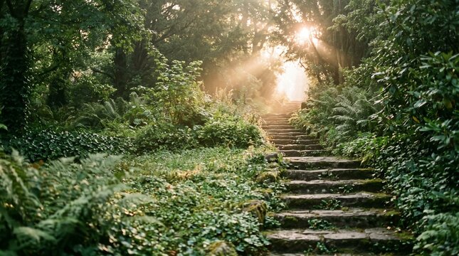 Stone staircase leading through lush green enchanted forest with morning sun rays