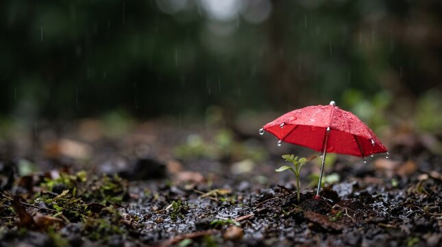 Small seedling protected by a tiny red umbrella during a rainstorm