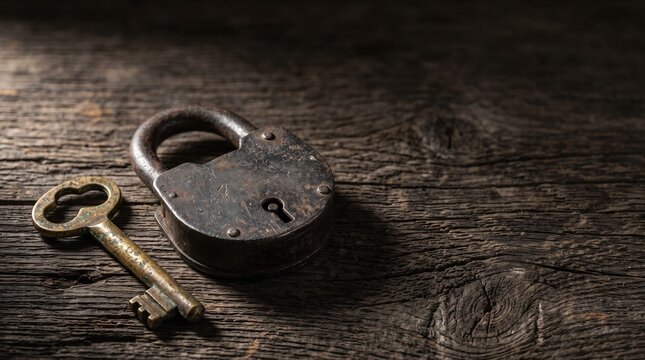 Vintage rusty padlock and old metal key on a rustic dark wooden background