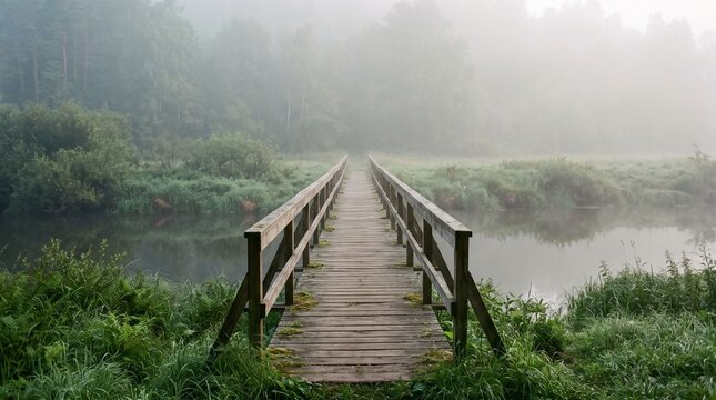 Wooden footbridge over a calm river in a misty forest landscape