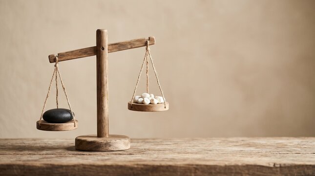 Wooden balance scale with black and white stones on rustic wooden table