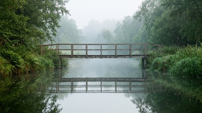 Wooden bridge over a calm river in a misty forest landscape