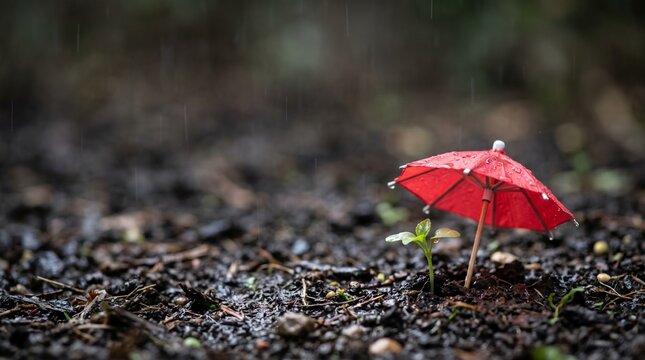 Small green sprout protected by a miniature red umbrella in the rain