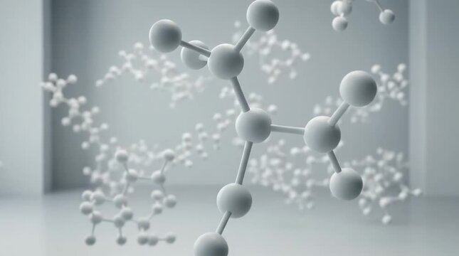 Cinematic High End 3D Animation of White Molecular Structures Floating in a Clean Scientific Space