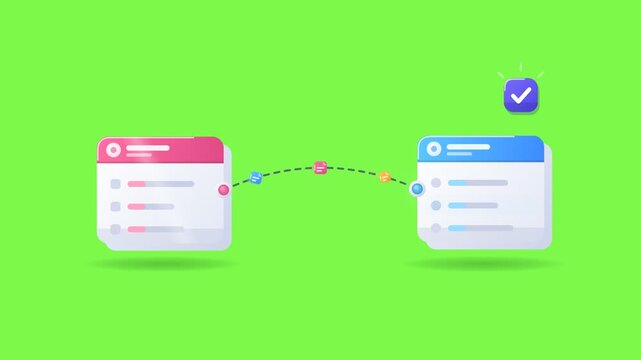 Data synchronization icon graphic illustrating file transfer process between two database windows on green screen background.