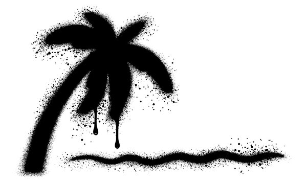 Palm on beach graffiti with black spray paint. Sun, sea, nature, tourism.