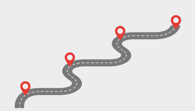 Curving grey road with dashed center lines and red map pins illustrating a navigation route against a grid.
