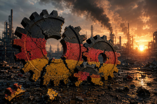 German Industry Crisis with Broken Gears and Factory Pollution
