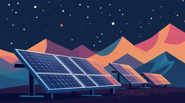 Solar panels array under starry night sky with mountains in flat vector style