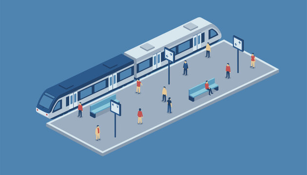 Isometric illustration of a modern passenger train stopped at a railway station platform with waiting commuters.
