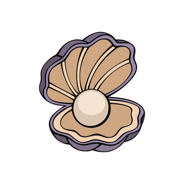 Cute cartoon purple seashell containing a shiny white pearl vector illustration isolated on transparent background design element