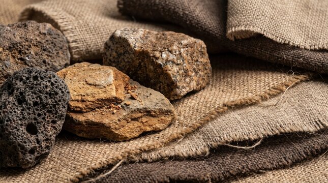 Natural stone podium with coarse linen fabric background for product placement display