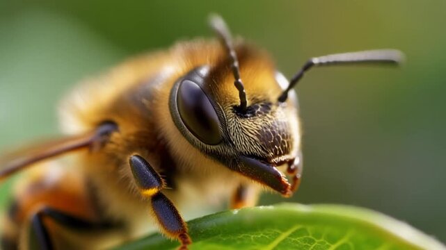 Extreme macro photorealistic cinematic footage of a single honey bee resting on a green leaf
