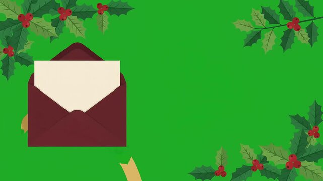 Festive christmas holiday background animation with red envelope opening, white blank card, gold ribbon, and green holly leaves decoration in motion graphics.