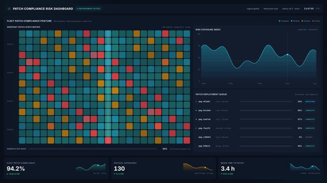 Patch compliance risk dashboard with endpoint security status, fleet patch management, vulnerability monitoring, real time cyber risk exposure metrics for it teams