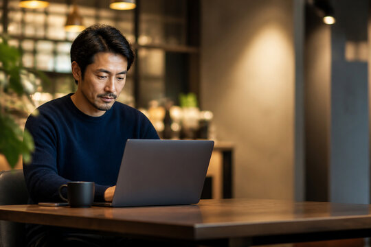 カフェでノートパソコンを使う日本人男性