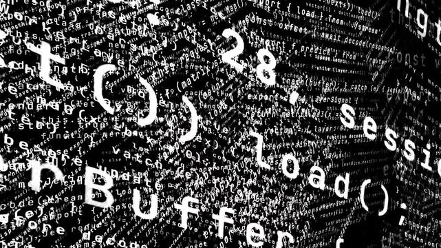 Black and white programming code drifting across tilted layers