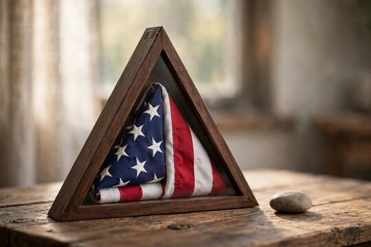 Folded American flag in a triangular wooden display case on a rustic wooden table, Veterans Day memorial tribute