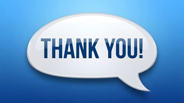 Thank you text inside a glossy white speech bubble on a blue background