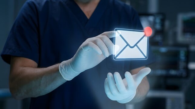 Doctor in medical scrubs interacting with a digital email notification icon