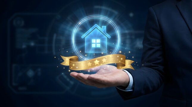 Businessman holding a glowing digital house icon with a golden star ribbon in his hand