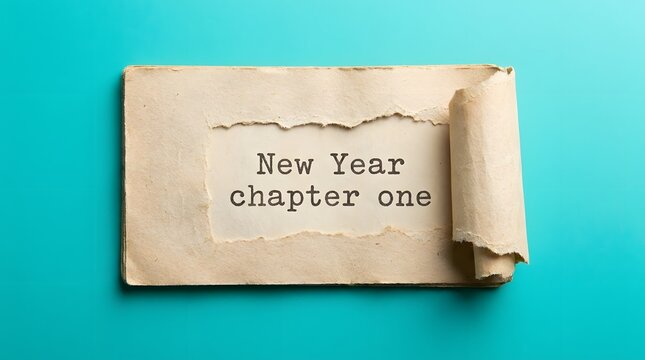 Old paper notebook with torn edges displaying the text new year chapter one
