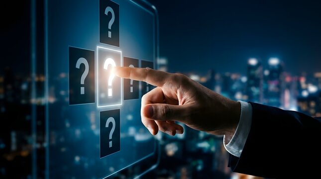 Businessman pointing at a digital interface with multiple question mark icons