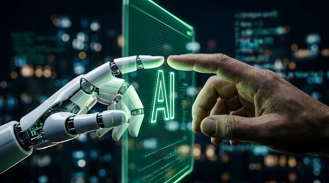 Robot and human hand touching a digital screen displaying the letters ai