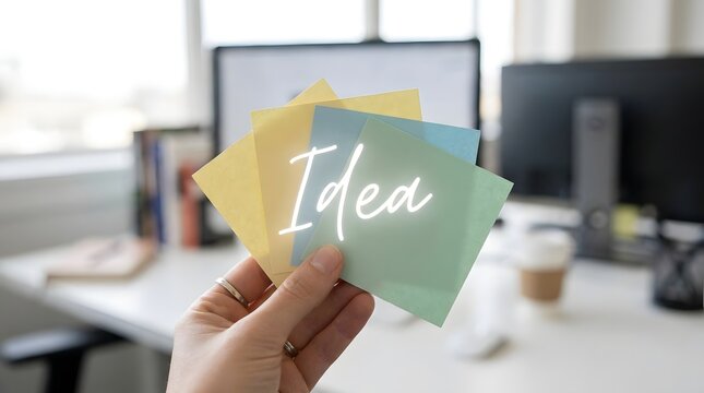 Hand holding colorful sticky notes with the word idea written on them in an office