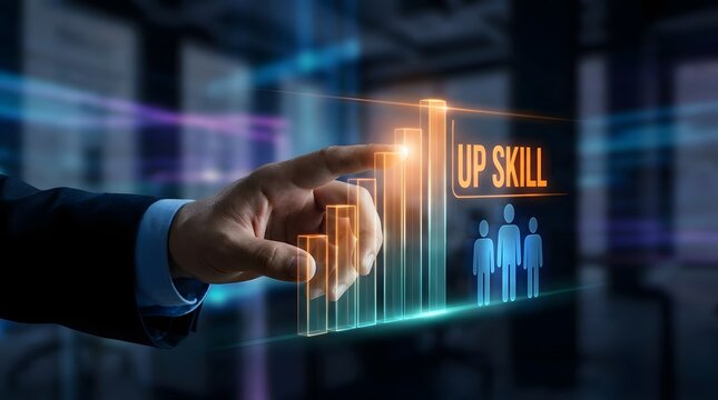 Businessman touching a digital graph showing upskill progress for professional development