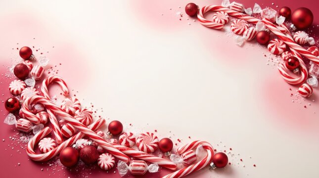 Christmas candy cane border with red ornaments on a soft gradient background with copy space