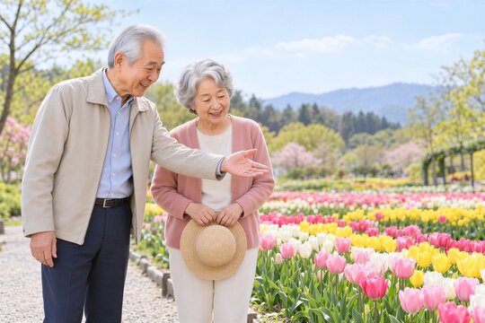 春のチューリップ畑で景色を楽しむ日本人シニア夫婦
