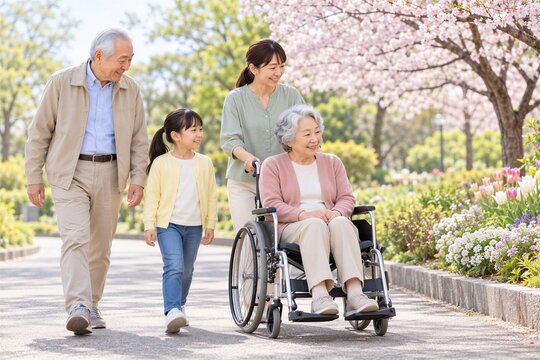 車椅子の祖母と桜の公園を散策する日本人三世代家族