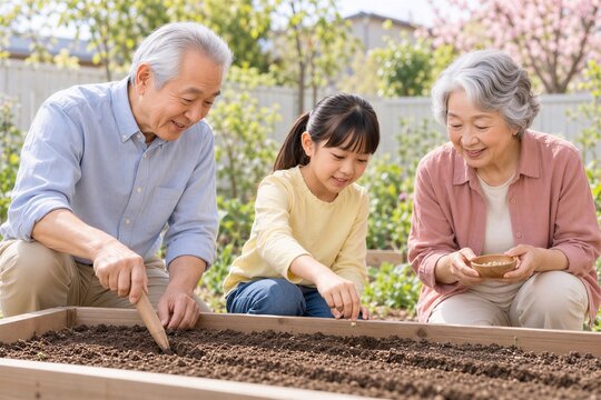 春の家庭菜園で野菜の種まきを楽しむ日本人の祖父母と孫娘