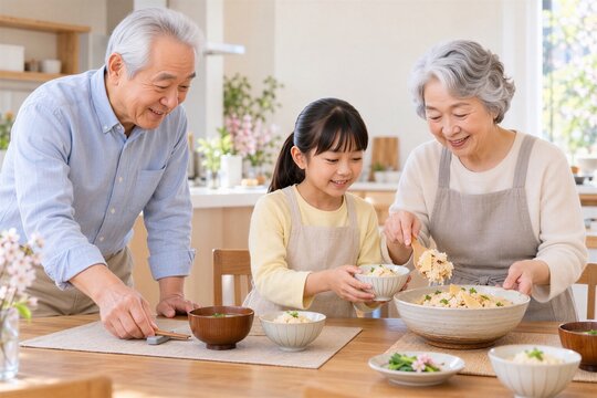 たけのこご飯を盛り付ける祖母と孫娘と食卓を整える祖父