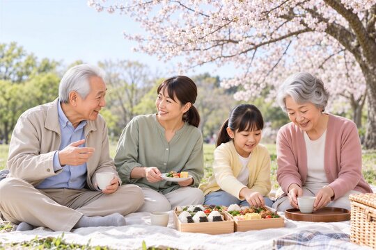 桜の下でお弁当を囲みお花見を楽しむ日本人三世代家族