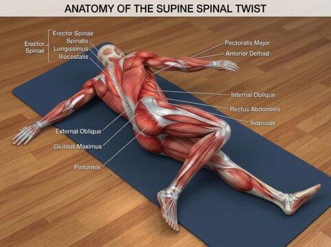 Anatomy of the supine spinal twist yoga pose illustration