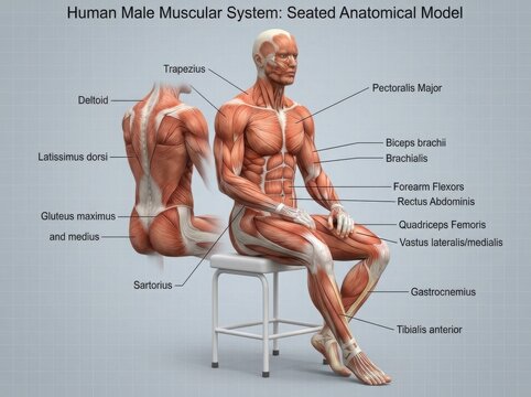 Anatomical model of human male muscular system sitting illustration