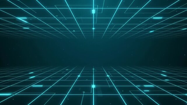 Futuristic teal digital grid tunnel with glowing cyan lines and floating data particles. Abstract technology background for cybersecurity, virtual reality and network innovation