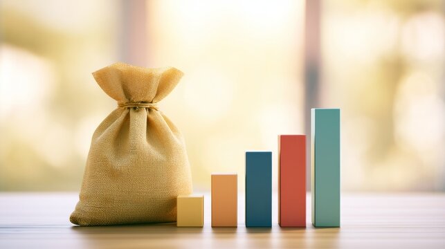Business and Finance Still Life with Colorful Blocks and Money Bag on Wooden Surface Background
