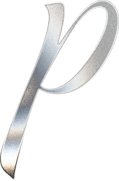 A stylish and elegant lowercase letter p crafted from shiny silver metal with a classic cursive script font on a clean white background