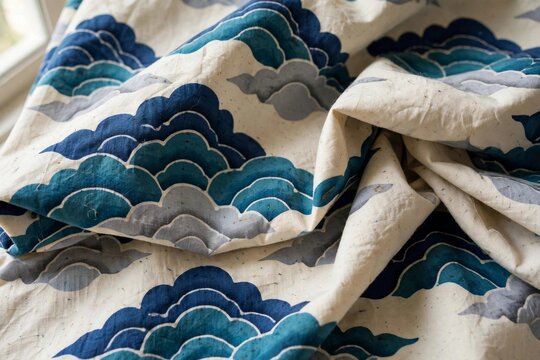 Folded Indonesian batik fabric with stylized cloud motif in blue tones