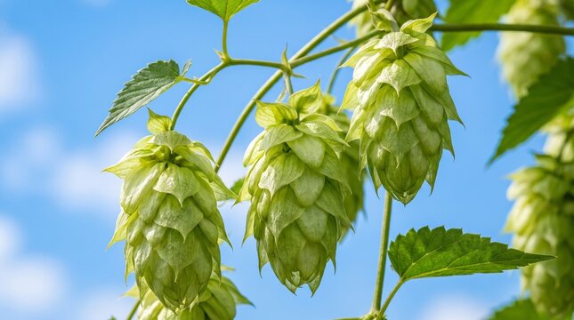 Fresh Green Hop Cones Growing on a Vine Against Blue Sky