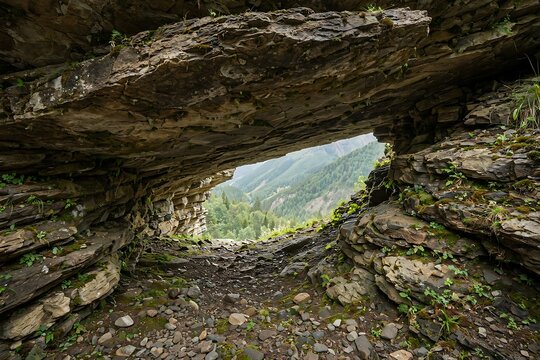 Natural stone archway overlooking a lush green mountain valley with a rocky foreground and mossy cliff walls