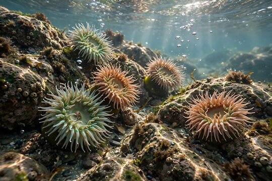 Vibrant sea anemones thriving on a rocky seabed in shallow coastal waters with sunlight filtering through the ocean